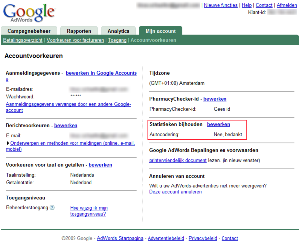 Adwords autocodering uitzetten om pagina's vanuit Adwords weer door Domino te laten tonen